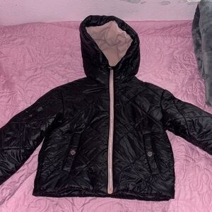Kids Hooded Puffer Jacket - Black with Pink Trim